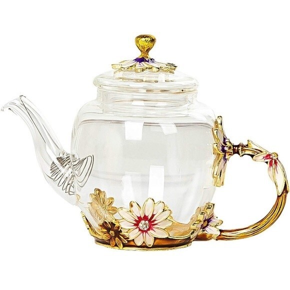 Glass teapot Beautiful Enamel Crystal Daisy Glass Teapot for Hot & Cold - Picture 1 of 13